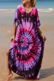 Purple Casual Print Patchwork Slit V Neck Beach Dress Dresses