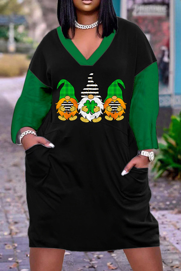 Темно-зеленые повседневные базовые платья с длинным рукавом и принтом в стиле пэчворк с v-образным вырезом
