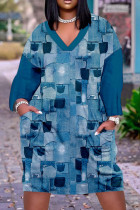 Blå Casual Print Patchwork V-hals långärmade klänningar
