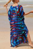 Vestido de playa con cuello en V y abertura de retazos con estampado casual cian Vestidos