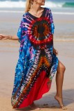 Cyan Casual Print Patchwork Slit V Neck Beach Dress Dresses