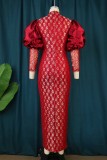 Red Sexy Patchwork Hollowed Out Half A Turtleneck Evening Dress Dresses