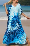 ライトブルーカジュアルプリントパッチワークスリットVネックビーチドレスドレス