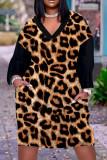 Leopardenmuster Casual Print Patchwork V-Ausschnitt Langarm-Kleider
