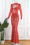 Абрикосовое сексуальное лоскутное горячее сверление, выдолбленное прозрачное платье с длинным рукавом до половины водолазки