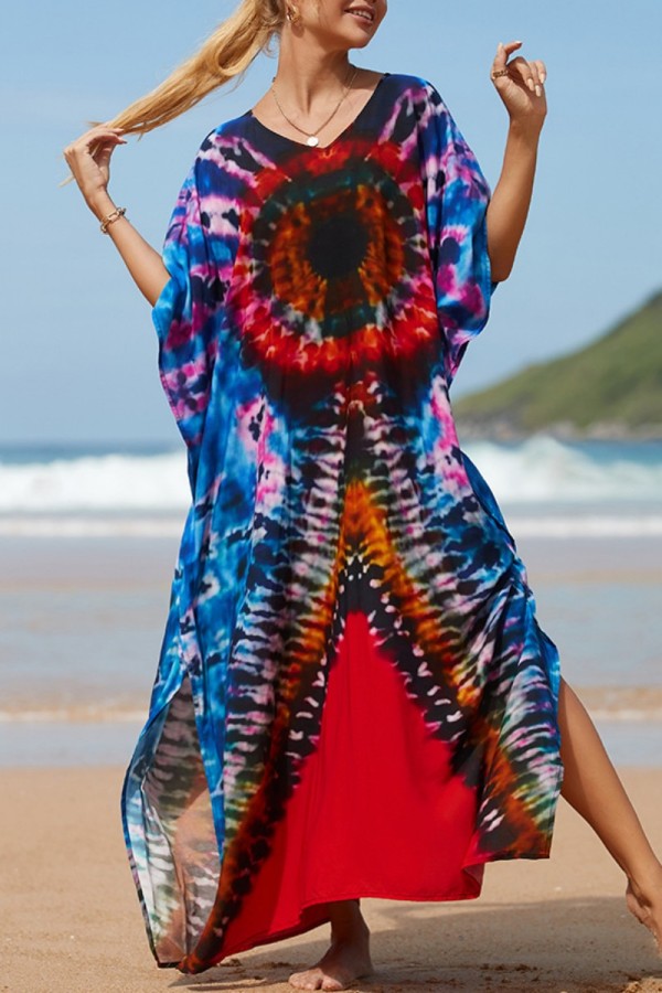 Vestido de praia casual estampado patchwork vermelho com decote em V