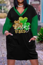 Темно-зеленые черные повседневные базовые платья с длинным рукавом и принтом в стиле пэчворк с v-образным вырезом