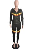 Black Casual Striped Patchwork Contrast Hooded Collar Long Sleeve Two Pieces