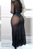 Schwarzes, sexy, durchsichtiges Patchwork-Mesh mit halbem Rollkragen, Trompeten-Meerjungfrau-Kleider