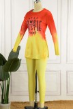 Yellow Casual Print Slit O Neck Long Sleeve Two Pieces