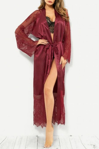 Burgundy Sexy Solid Patchwork See-through Cardigan Lingerie