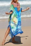 Robe de plage à encolure en V et imprimé patchwork décontracté turquoise
