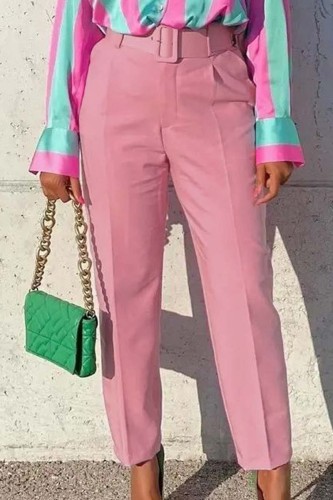 Patchwork solide décontracté rose avec ceinture taille haute classique pantalon de couleur unie classique