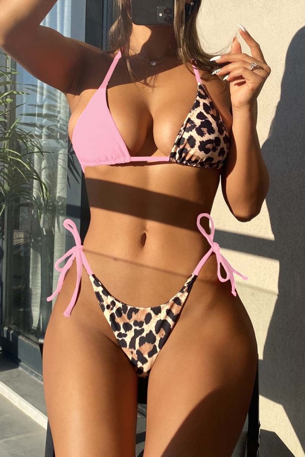 Pink Sexy Print Leopard Bandage Backless Swimwears (mit Polsterungen)
