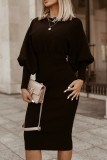 ブラック カジュアル ソリッド ベーシック Oネック ワンステップ スカート ドレス
