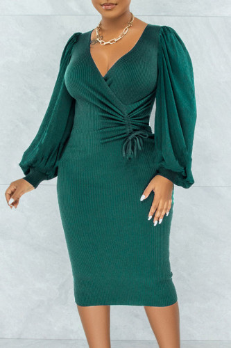 Green Casual Solid Bandage Patchwork V Neck One Step Skirt Dresses