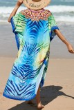 Бирюзовое повседневное пляжное платье с принтом в стиле пэчворк и разрезом с V-образным вырезом Платья
