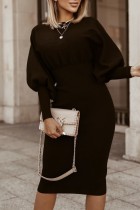 Vestidos pretos casuais lisos básicos com decote em bico e saia única
