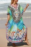 Пляжное платье с леопардовым принтом, повседневным принтом, лоскутным принтом, разрезом, V-образным вырезом, платья