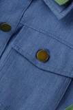 Damasco casual sólido patchwork fivela assimétrica gola redonda manga longa jaqueta jeans reta