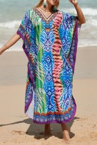 Turquoise casual print patchwork strandjurk met split en V-hals