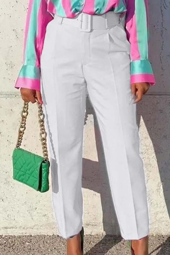 Patchwork solide décontracté blanc avec ceinture pantalon de couleur unie classique taille haute classique