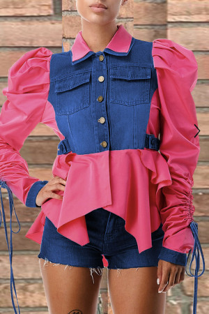 Watermelon Red Casual Solid Patchwork Buckle Asymmetrical Turndown Collar Long Sleeve Straight Denim Jacket