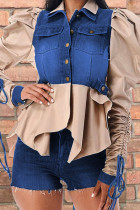 Damasco casual sólido patchwork fivela assimétrica gola redonda manga longa jaqueta jeans reta
