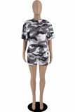 Camouflage Casual Camouflage Print Letter O Neck Kurzarm Zweiteiler