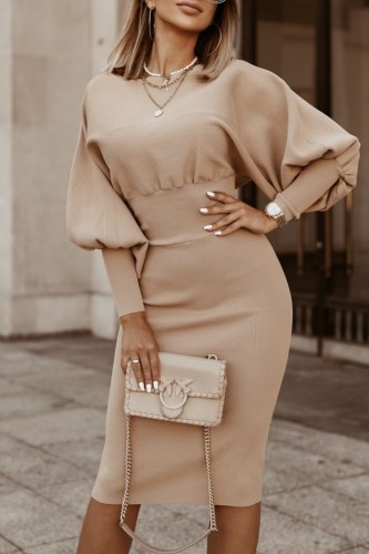 Apricot Casual Solid Basic O Neck One Step Skirt Dresses