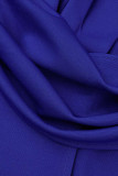 Синие повседневные однотонные лоскутные платья с круглым вырезом и юбкой на один шаг