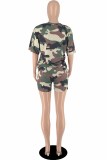 Camouflage Casual Camouflage Print Letter O Neck Short Sleeve Two Pieces