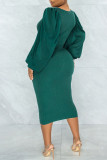 Vestidos de saia única com decote em V e bandagem sólida verde casual