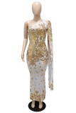 Gold Sexy Patchwork Sequins See-through Backless Oblique Collar Irregular Dress Dresses