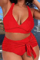 Tangerine Red Sexy Solid Bandage V Neck Plus Size Maillots de bain