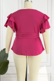 Burgundy Casual Solid Patchwork V Neck Plus Size Tops
