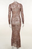 Brown Sexy Patchwork Hot Drilling See-through Half A Turtleneck Long Sleeve Dresses