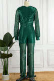 Gröna sexiga solida paljetter Patchwork V-hals vanliga Jumpsuits