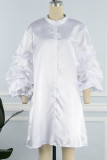 ホワイト カジュアル ソリッド パッチワーク フォールド O ネック ストレート ドレス