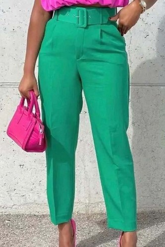 Green Casual Solid Patchwork With Belt Regular High Waist Conventional Solid Color Trousers