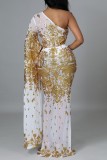 Goud sexy patchwork pailletten doorzichtige backless schuine kraag onregelmatige jurk jurken