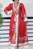 Vestidos de manga larga con cuello en V y abertura de patchwork con estampado informal rojo