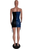Blue Sexy Solid Patchwork Backless Contrast Strapless Sleeveless Dress Dresses