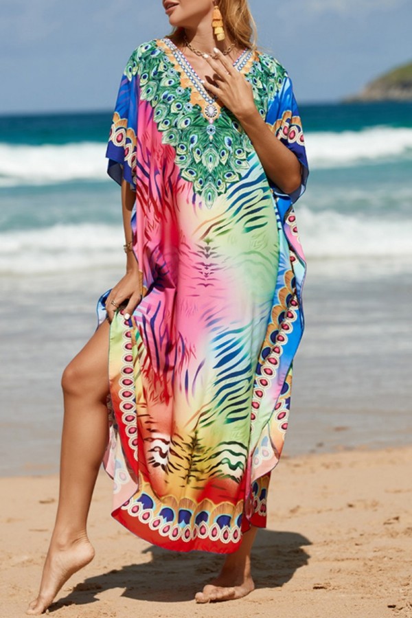 Vestido de playa con cuello en V y abertura de patchwork con estampado informal rosa y verde Vestidos