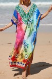 Turquoise Casual Print Patchwork Slit V Neck Beach Dress Dresses