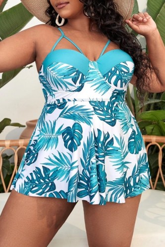 Cyan Sexy Print Solid Backless V Neck Plus Size Swimwear (With Paddings)