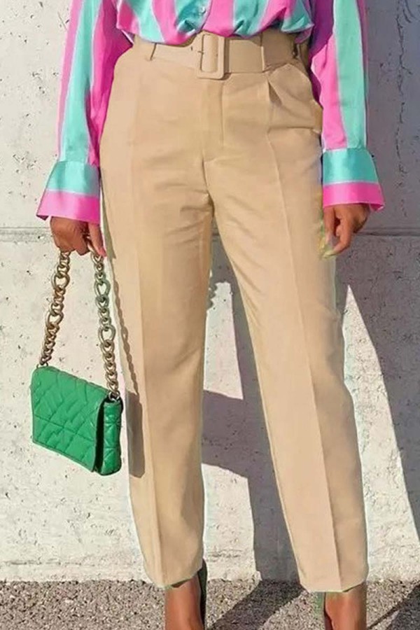 Khaki Casual Solid Patchwork mit Gürtel Regular High Waist Konventionelle einfarbige Hose