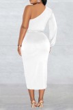 Branco Casual Sólido Retalhos Sem Costas Gola Oblíqua Vestidos Vestidos Irregulares