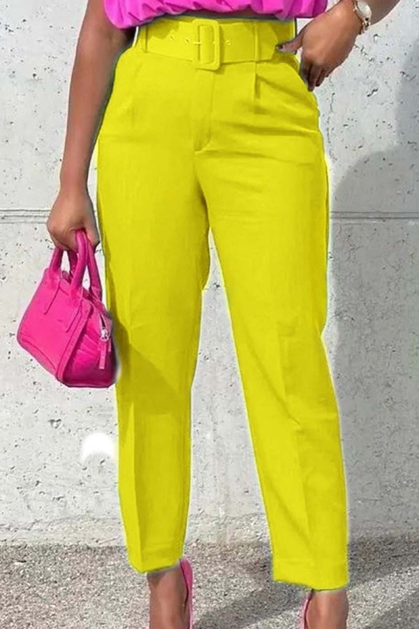 Pantalones patchwork sólido casual con cinturón color sólido convencional de cintura alta regular amarillo
