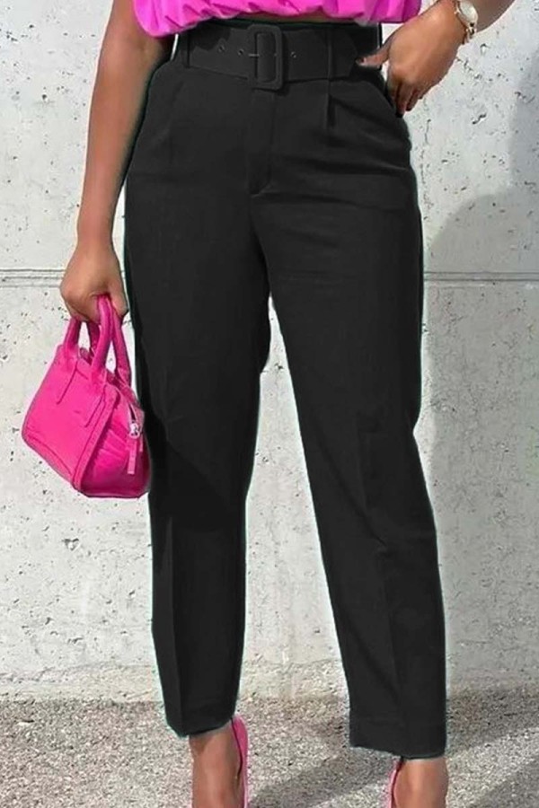 Patchwork uni décontracté noir avec ceinture pantalon de couleur unie classique taille haute classique